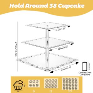 PinCute Acrylic Cupcake Stand, 3 Tier Cupcake Tower Holder with LED String Light, Dessert Table Display Cake Stand for Birthday Candy Bar Weddings Party Décor, Yellow Light