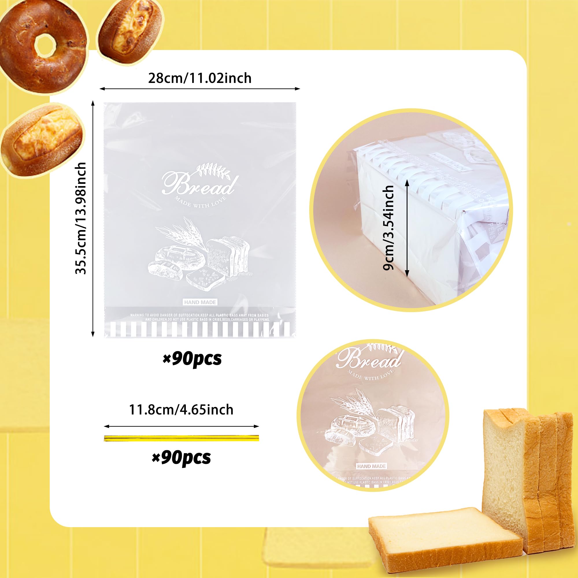 MUMULULU 90 PCS 11""x 14"" Bread Loaf Packing Bags with Bottom Gusset and Ties Clear Cello Cellophane bags Printed Bread Bags