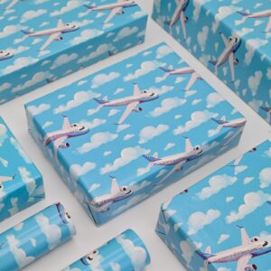 NARCSCHICHU Airplane Wrapping Paper Blue Design Gift Wrapping Paper with Plane Cloud Pattern for Baby Shower Boy Girl Birthday Wedding Holiday - 20 X 28 Inches Per Sheet