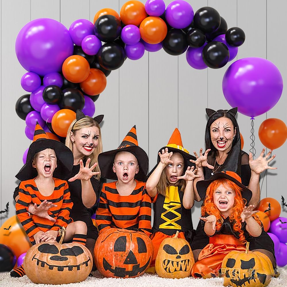 Myafqsj Halloween Balloons Black and Orange Balloons Arch Kit, 138 Pcs Matte Black Purple Orange Latex Balloons Garland for Halloween Anniversary Graduation Festival