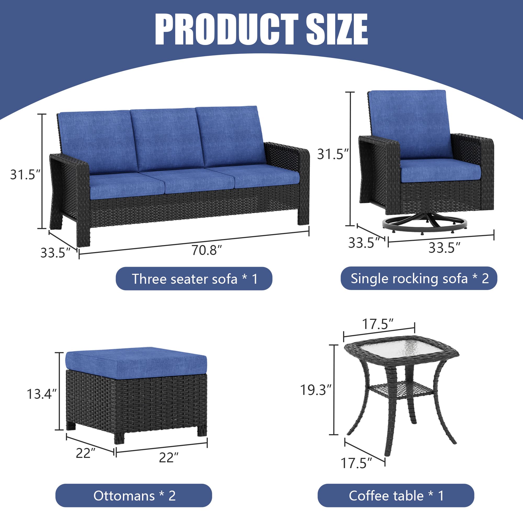 EcoTide 6-Piece Patio Furniture Set with Outdoor Swivel Rocker Chairs,PE Rattan 3-Seat Sofa Couch,Ottomans and Side Table Wicker Sectional Conversation Sets for Garden, Deck,Backyard Blue Cushions