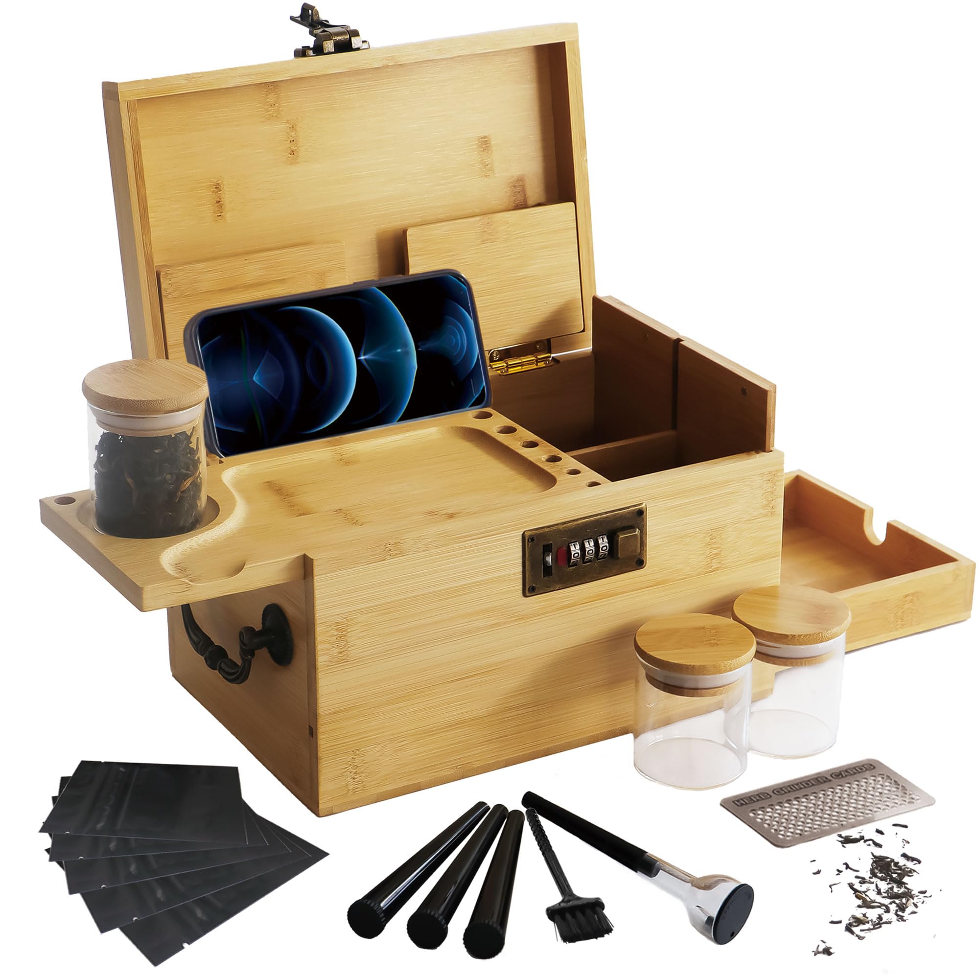 Premium Large Bamboo Box with Combination Lock & Hidden Drawer, Secret Storage Stash Box,Upgraded with Handle, 5 Smell Proof Bags, 3 Glass Jars, 3 Tube, Brush, Grinder Card, Cone Funnel Rolling Kit