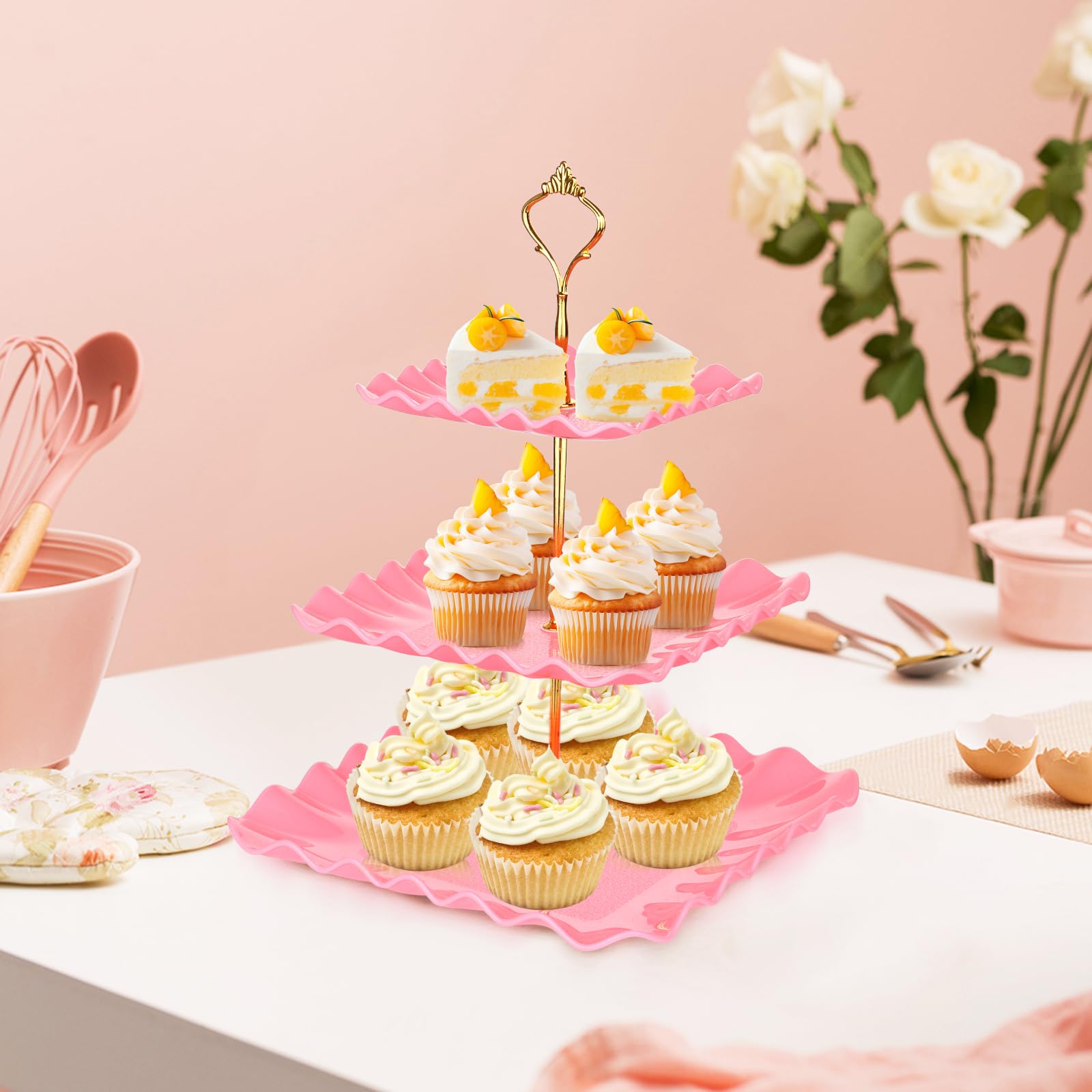 DI QIU REN 8 Pcs Dessert Table Display Set Plastic Square Pink Cupcake Stand 2Pcs 3 Tier Cupcake Stands with Gold Rod Cookie Tray Rack Serving Tower 6Pcs Dessert Trays for Tea Party Baby Shower