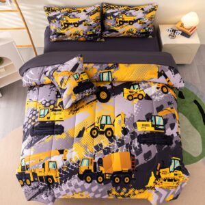 askotu truck twin bedding set for boys, 6 pcs kids construction truck comforter sets with sheets, construction excavator twin boys bedding sets