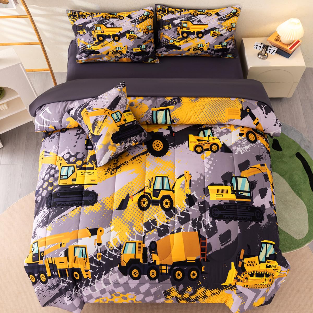 ASKOTU Truck Twin Bedding Set for Boys, 6 Pcs Kids Construction Truck Comforter Sets with Sheets, Construction Excavator Twin Boys Bedding Sets