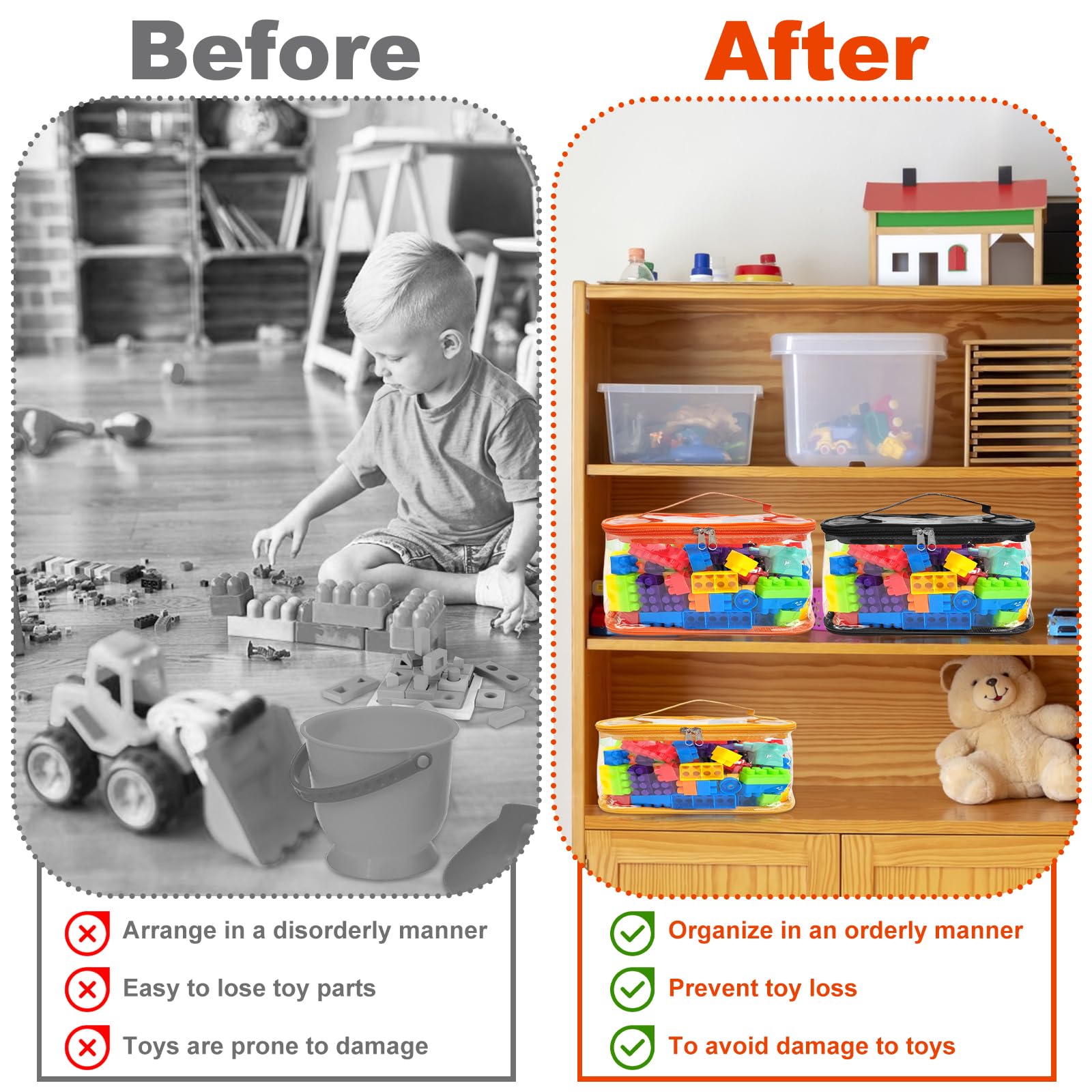 5 Packs Clear Toy Storage Bags, 9.4 x 6.5 x 5.5 Inch Clear PVC Toy Storage Bags with Zipper Reusable Waterproof Toy Storage Organizer Pouch for Board Games Building Blocks Toys and Books