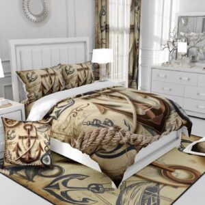 Erosebridal Anchor Bedding Set Queen Retro Nautical Comforter Cover Ocean Adventure Duvet Cover for Kids Adults Compass Sailboat Quilt Cover Brown Bedroom Decor Zipper