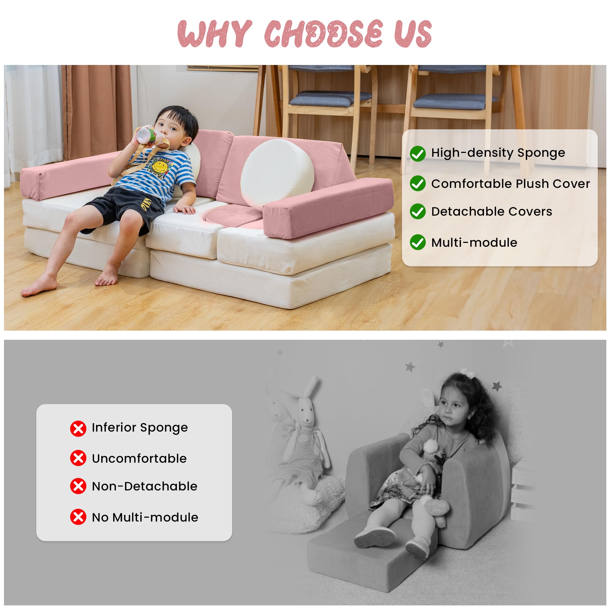 Stmoze 13PCS Modular Kids Play Couch, Kids Couch with Washable Velvet Cover, Modular Couch for Boys and Girls, Convertible Foam and Floor Cushion for Nursery Playroom, Pink & Beige