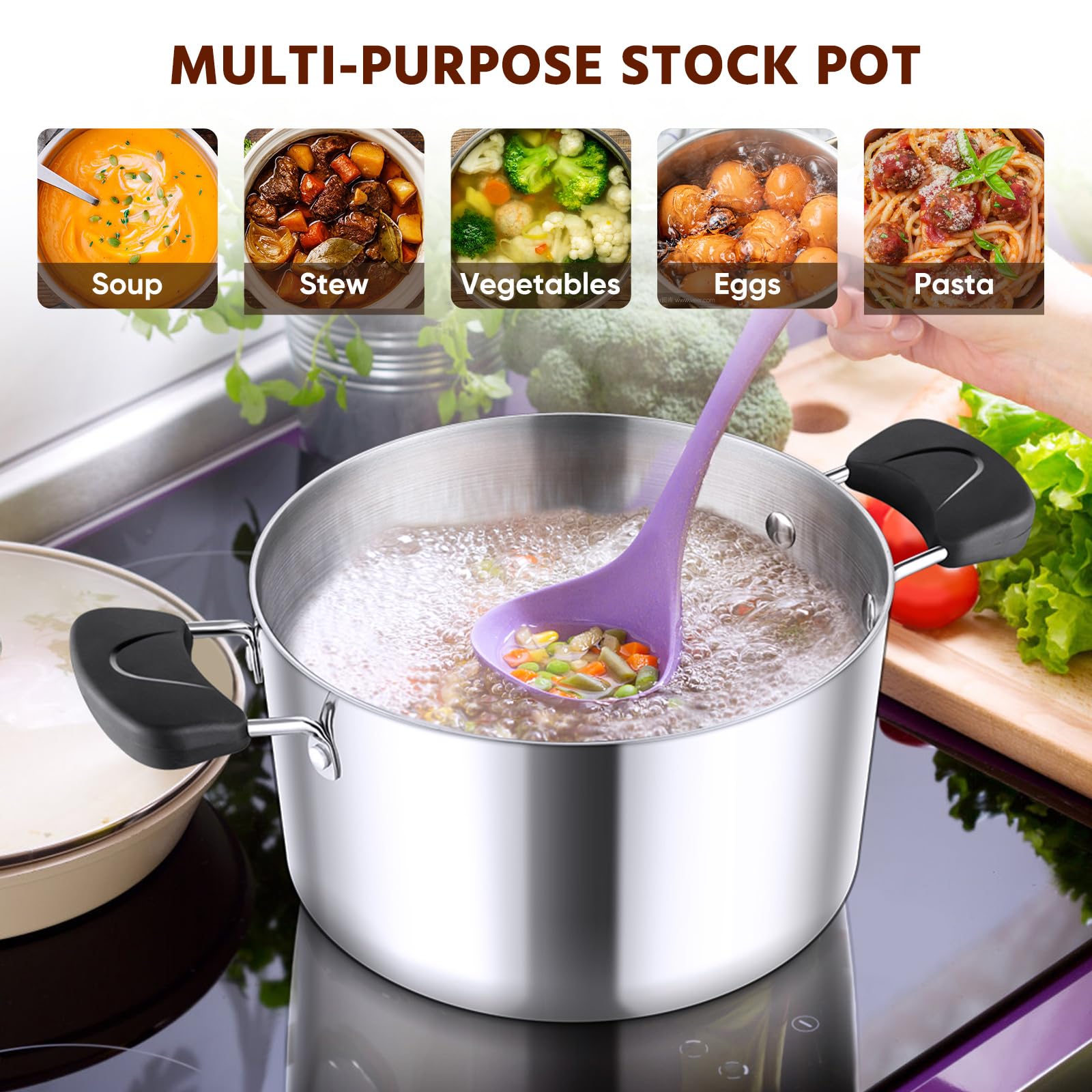 8-Qt Stock Pot, E-far 3-Ply Stainless Steel Stockpot with Lid for Cooking Simmering Soup Stew, Heavy Duty Cookware Works w/Induction, Non-toxic & Corrosion Resistant, Dishwasher Safe