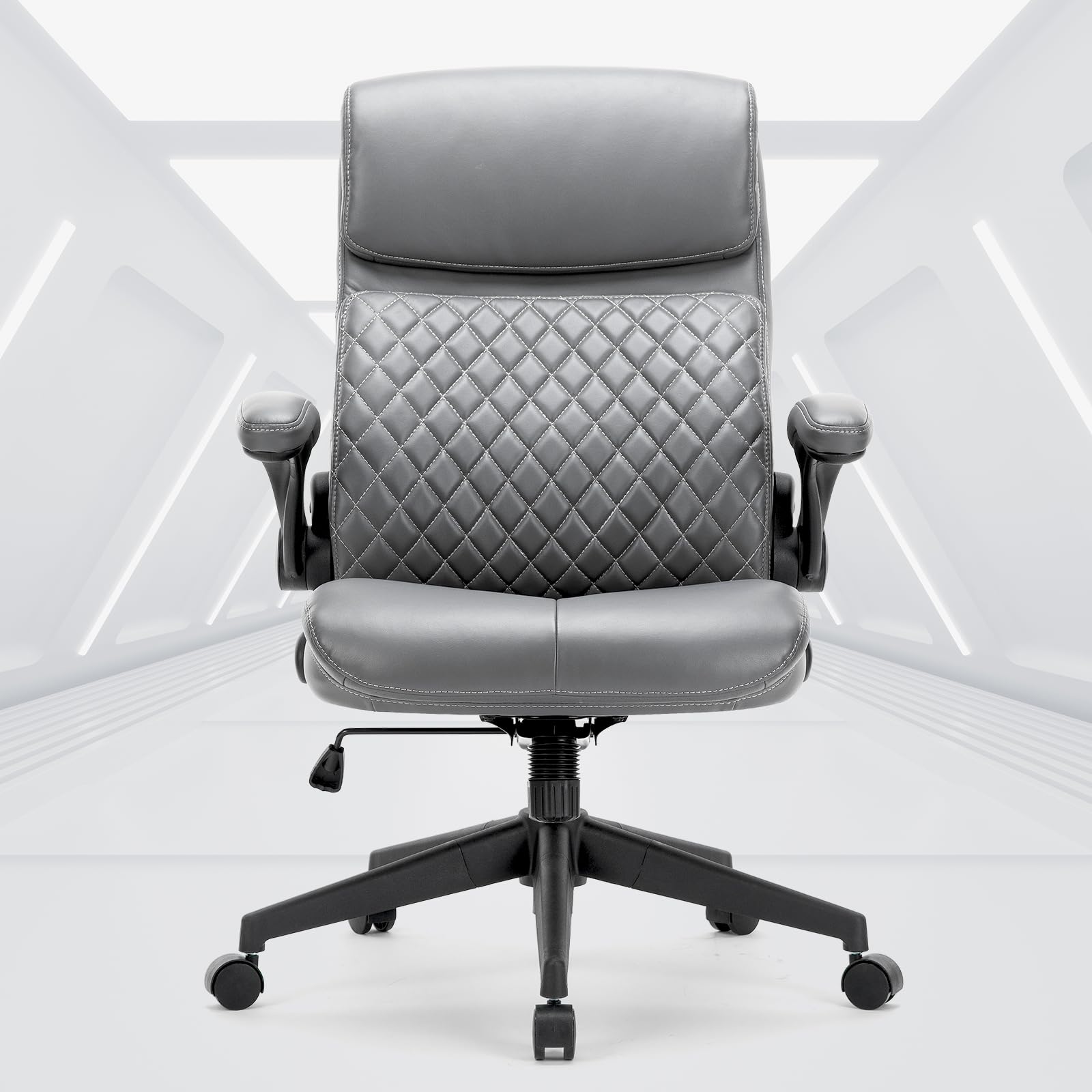 Executive Office Chair, Mid Back Computer Desk Chair with Padded Flip-up Arms, Adjustable Height, Backrest and Rock, Ergonomic Leather Chair Swivel Rolling Chair for Home Office Conference Room-Grey