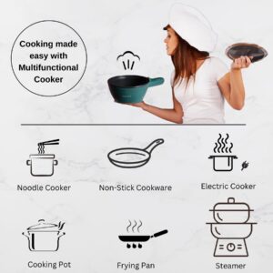 Green Hot Pot Electric with Steamer, Multi-function Cooker, 1.8L Noodle cooker Non-Stick Frying Pan, Electric Pot for Pasta with Adjustable Temprature Control, Over-Heating & Boil Dry Protection