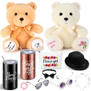 mepase 12 pcs ring bearer gifts include wedding 10'' bear flower girl canvas bag sunglasses tumbler with straw hair ring hat flower crown earpiece bowtie for bride shower party