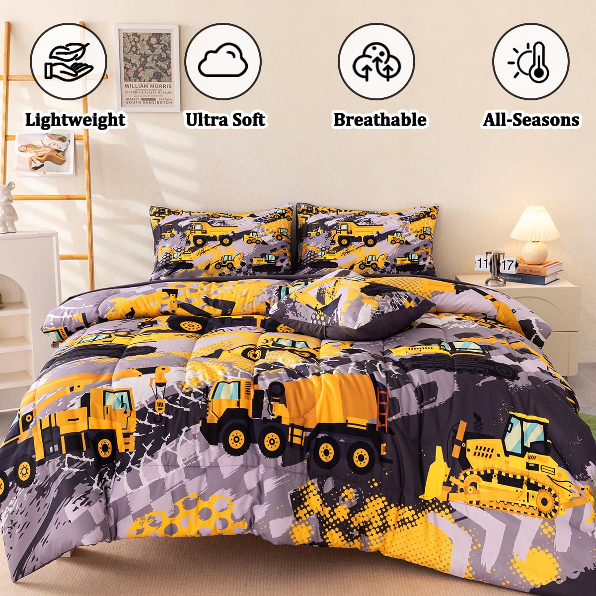 ASKOTU Truck Twin Bedding Set for Boys, 6 Pcs Kids Construction Truck Comforter Sets with Sheets, Construction Excavator Twin Boys Bedding Sets