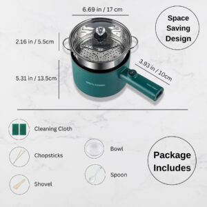 Green Hot Pot Electric with Steamer, Multi-function Cooker, 1.8L Noodle cooker Non-Stick Frying Pan, Electric Pot for Pasta with Adjustable Temprature Control, Over-Heating & Boil Dry Protection