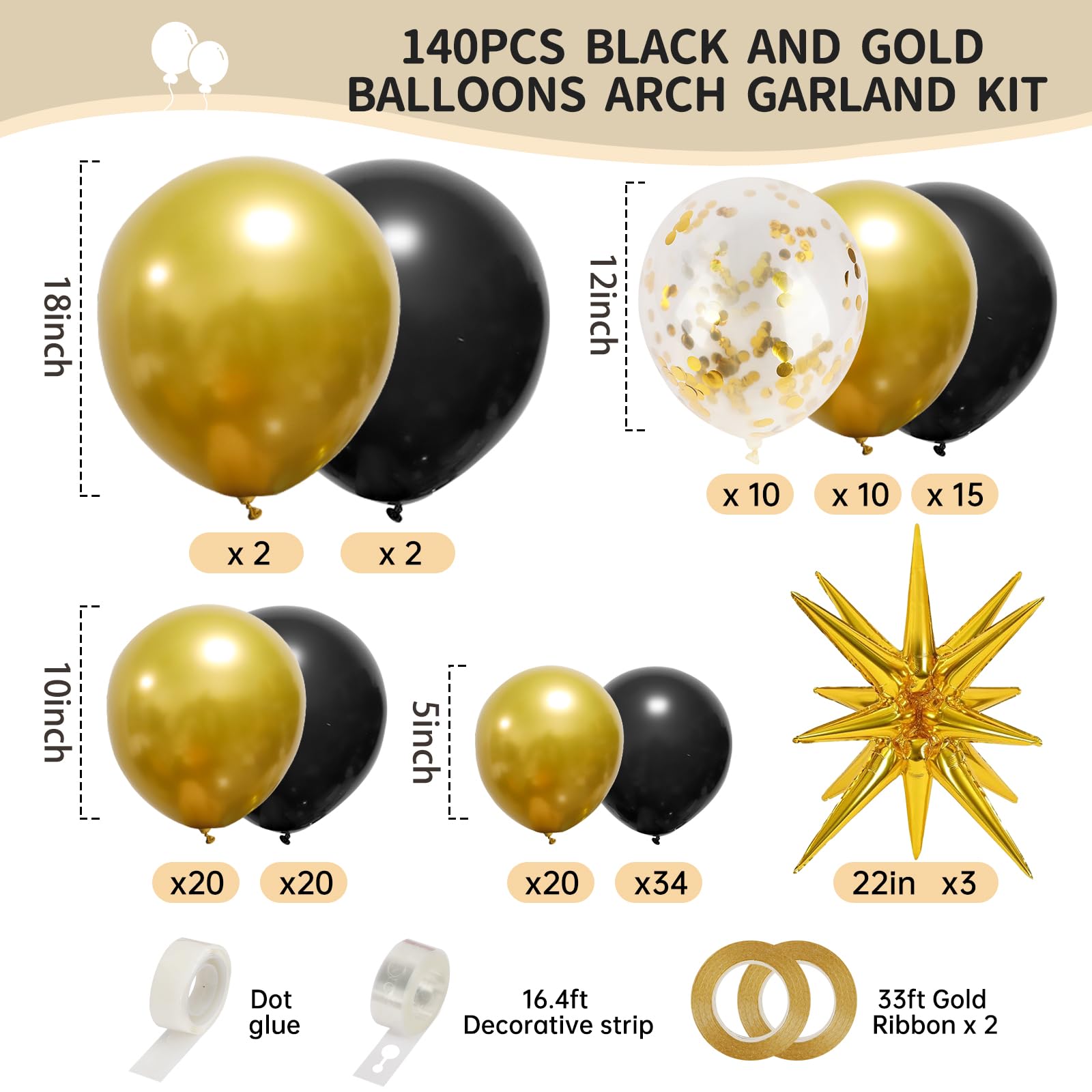 RUBFAC 140pcs Black and Gold Balloons, Balloons Arch Kit 5 10 12 18 inch Black Metallic Gold Confetti Latex Balloons for Graduation Birthday Baby Shower Wedding Anniversary Party Decorations