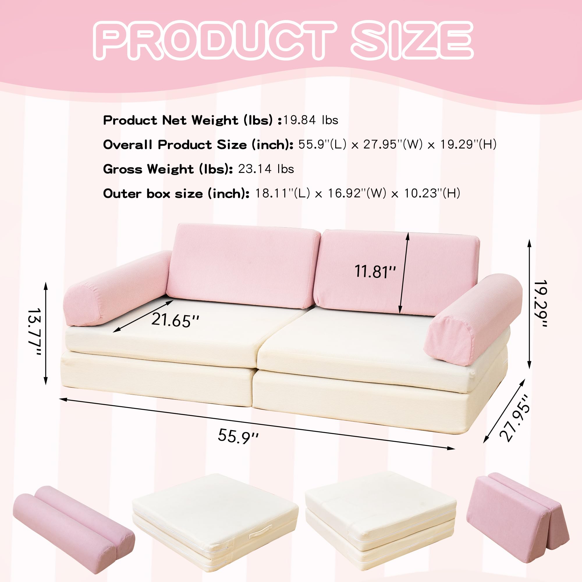 Stmoze Nugget Couch, Modular Kids Play Couch, Kids Couch for Playroom, Kids Sofa Couch, 5 Seconds Instant Expansion, Corduroy Fabric, Pink and Beige