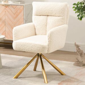 ugijei teddy office desk chair no wheels, modern vanity chair with gold legs, wide seat computer task chair for home office (beige)