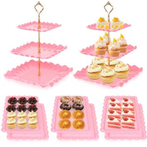 di qiu ren 8 pcs dessert table display set plastic square pink cupcake stand 2pcs 3 tier cupcake stands with gold rod cookie tray rack serving tower 6pcs dessert trays for tea party baby shower