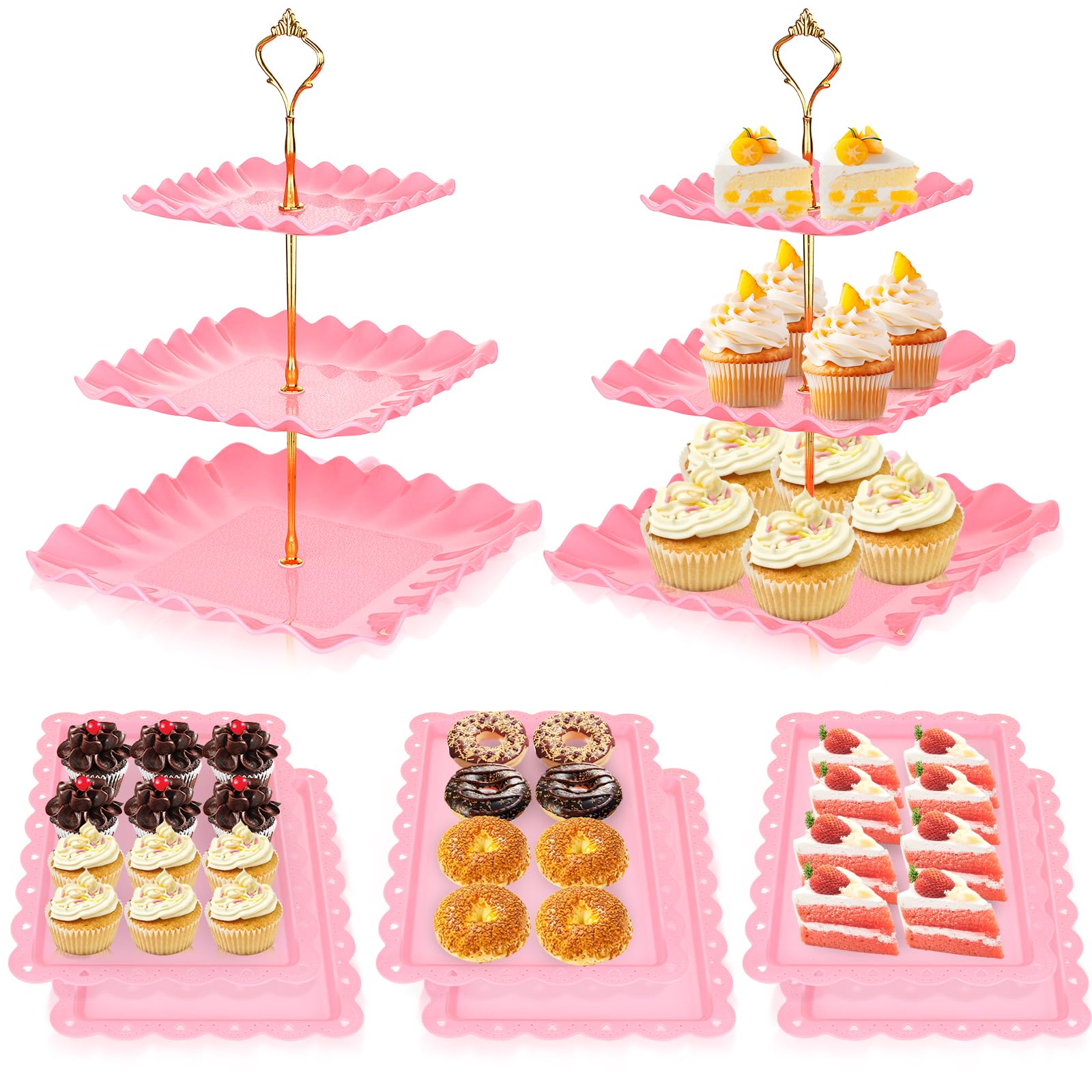 DI QIU REN 8 Pcs Dessert Table Display Set Plastic Square Pink Cupcake Stand 2Pcs 3 Tier Cupcake Stands with Gold Rod Cookie Tray Rack Serving Tower 6Pcs Dessert Trays for Tea Party Baby Shower