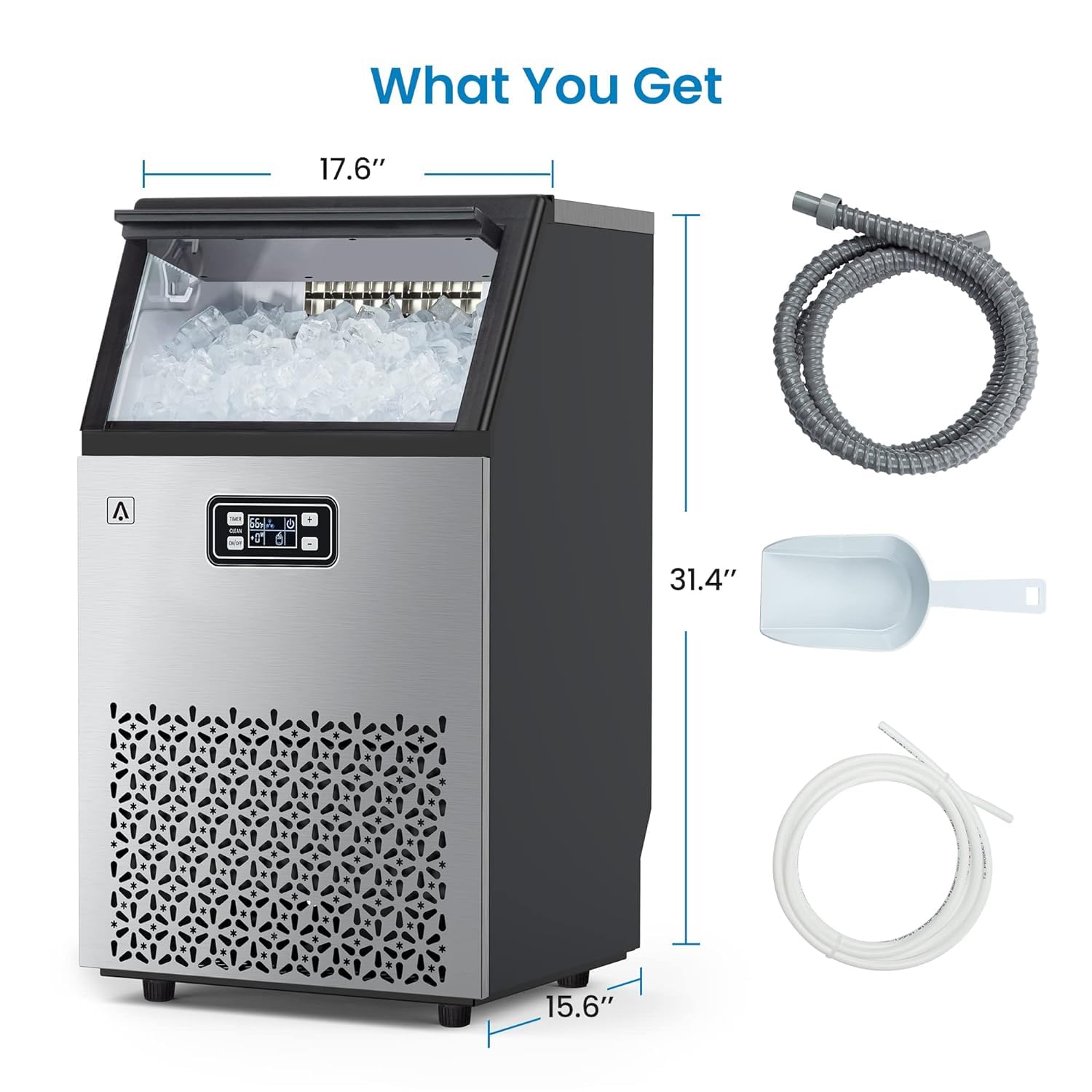 Commercial Ice Maker Machine, 150lbs/24H with 33 Lbs Storage Bin, 66 Pcs Ice Cubes 8Mins, Tap Add Water Freestanding Stainless Steel Ice Machine Self-Cleaning for Home Bar Office