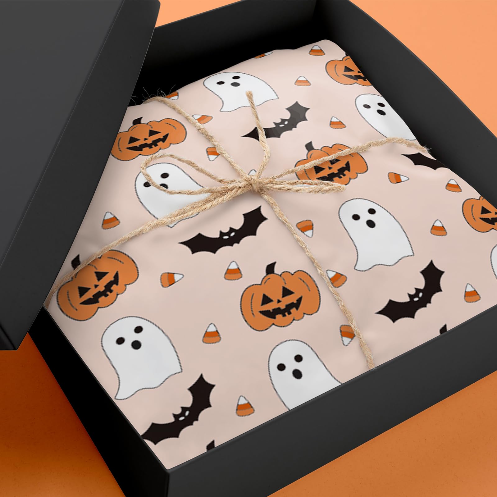 JarThenaAMCS 100 Sheets Halloween Tissue Paper Cute Pumpkin Ghost Bats Gift Wrapping Paper Orange DIY Art Craft Paper for Halloween Birthday Baby Shower Party Supplies, 13.7 x 19.6 Inch