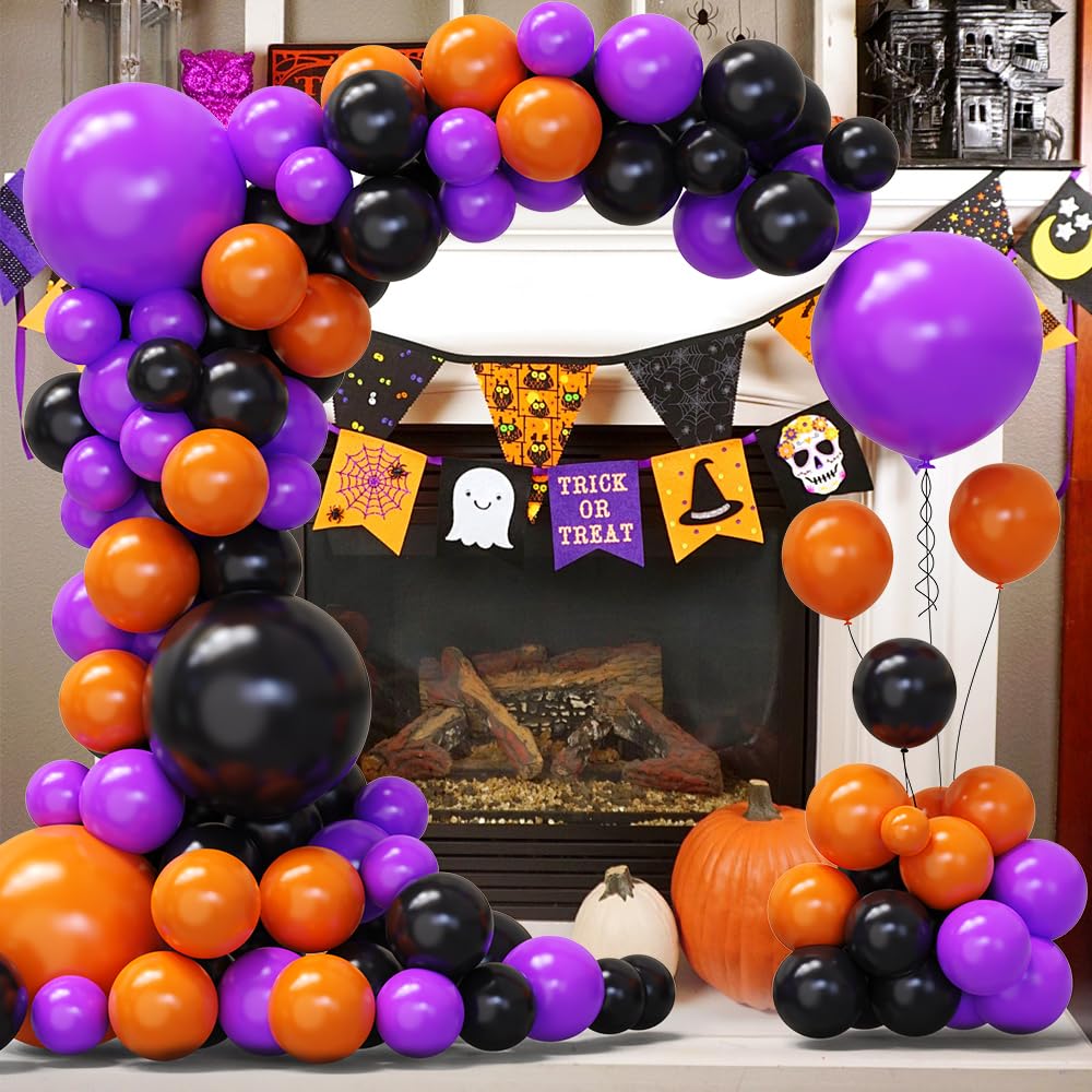 Myafqsj Halloween Balloons Black and Orange Balloons Arch Kit, 138 Pcs Matte Black Purple Orange Latex Balloons Garland for Halloween Anniversary Graduation Festival