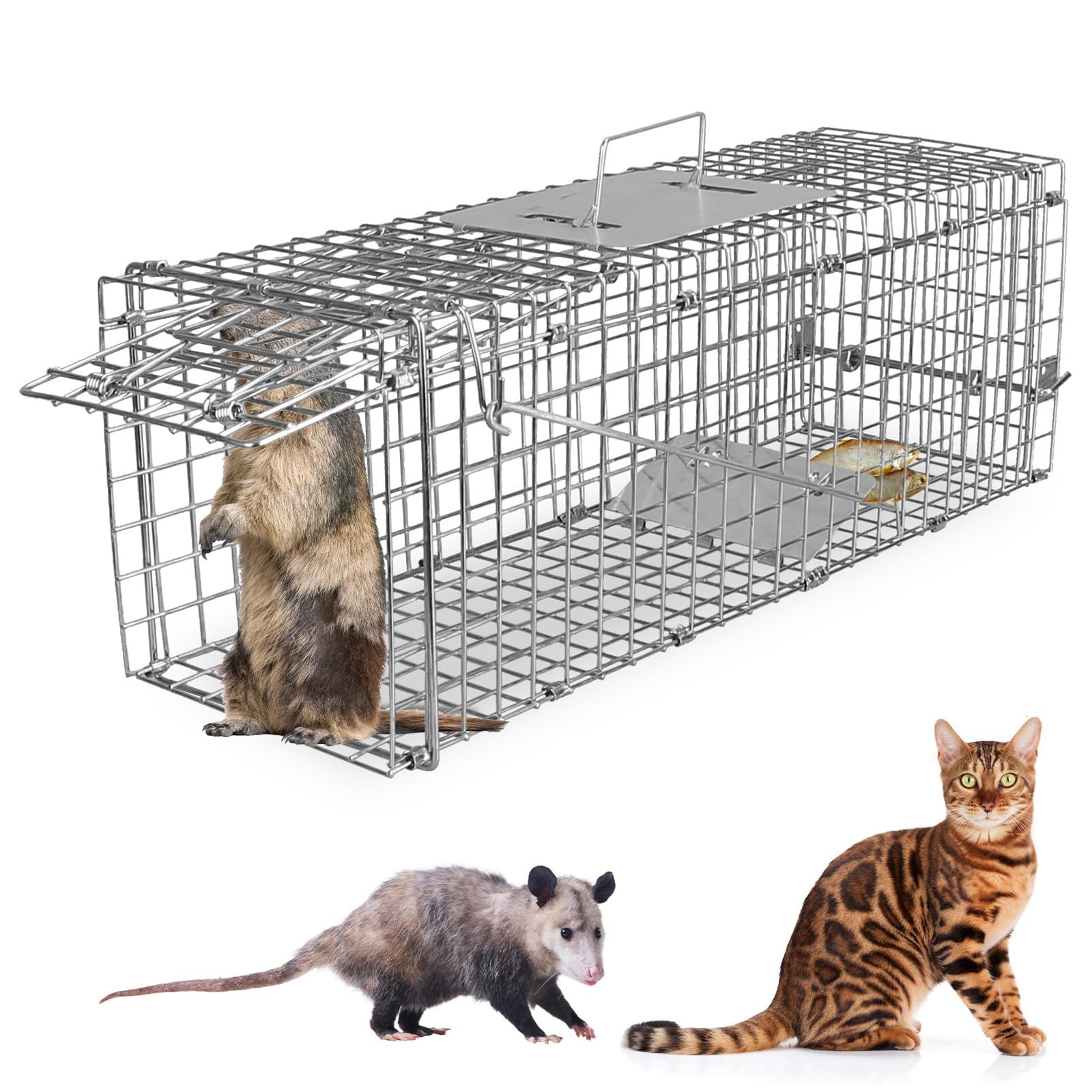 KOCASO 23.3"x7.24"x7.72" Humane Live Animal Trap Cage Cat Trap Catch Release Live Animal Rodent Cage for Indoor Outdoor，Foldable Live Trap for Small Rabbit Squirrel Groundhogs Mole Gopher Cat