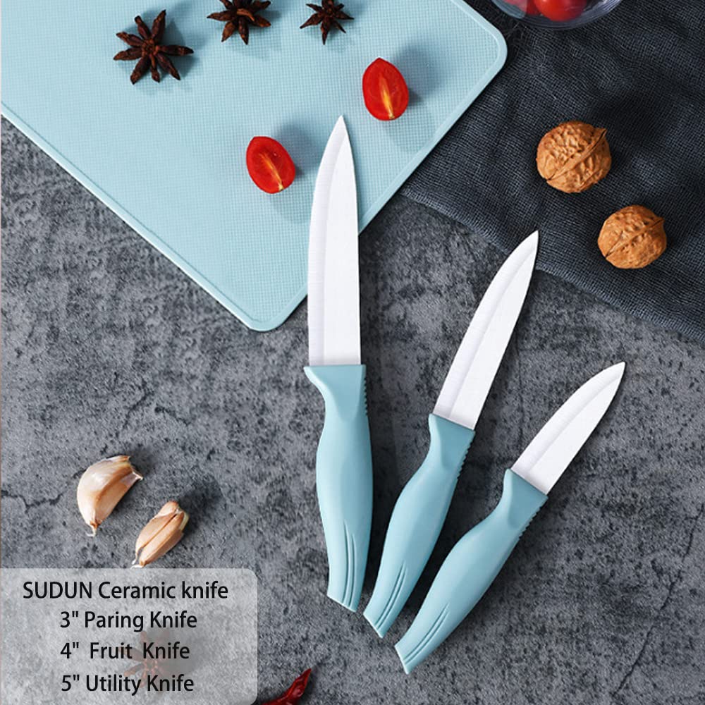 Zhiyun 3-Pieces Blue Ceramic Knife Set, 5-Inch Vegetable Knife 4-Inch Fruit Knife 3-Inch Peeling Knife,Suitable for Beef Chicken Vegetable Fruit Butter and Bread (Blue)