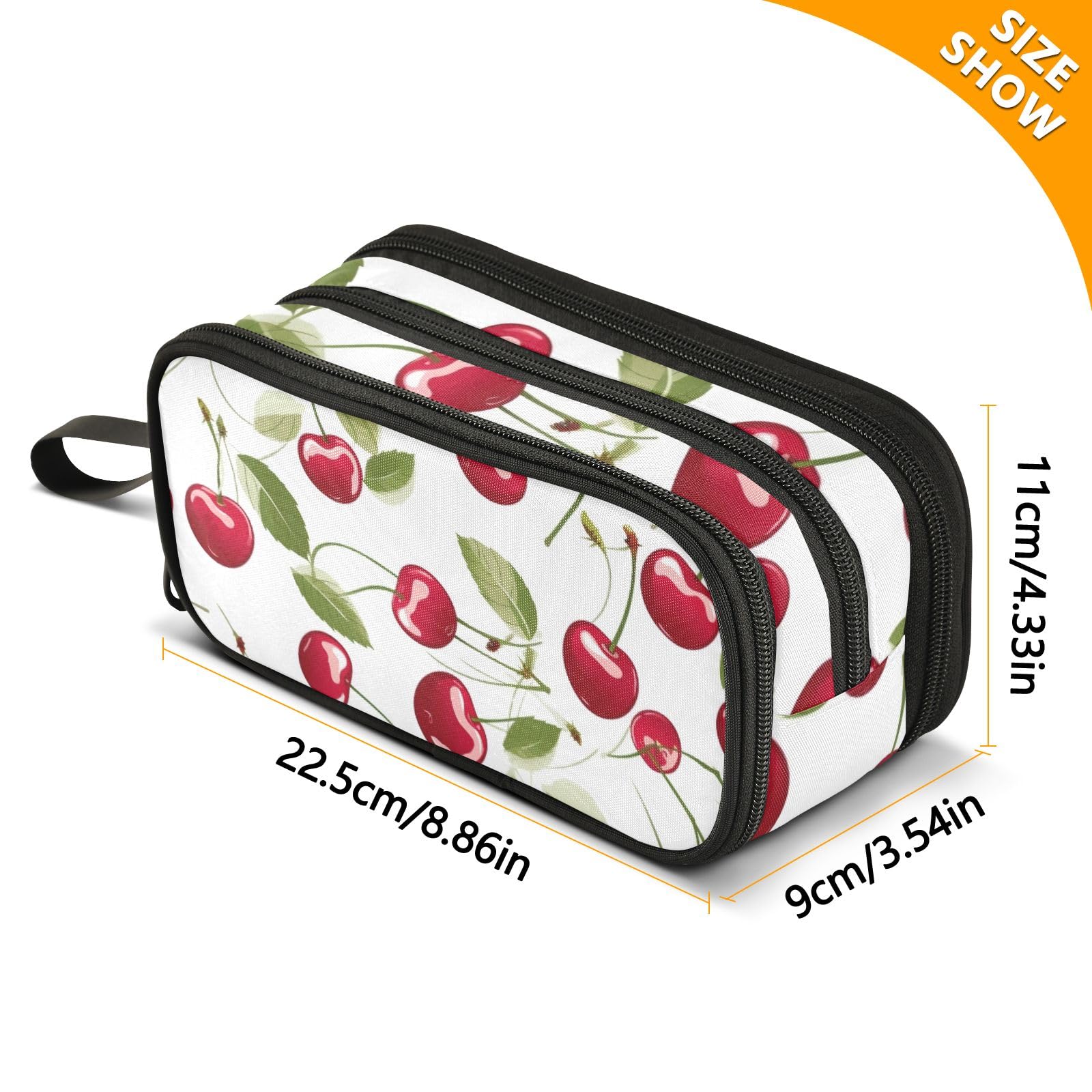 Cherry White Pencil Case for Boys Girls, Large Capacity Pen Bag 3 Compartment Pencil Pouch Students Stationery Organizer Marker Case for School Office Work