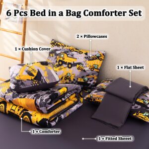 ASKOTU Truck Twin Bedding Set for Boys, 6 Pcs Kids Construction Truck Comforter Sets with Sheets, Construction Excavator Twin Boys Bedding Sets