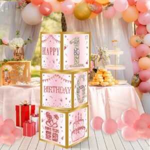 Sweet 16 Birthday Party Decorations Boxes for Girls - 3PCS Pink Rose Gold Happy 16th Birthday Balloons Boxes ,Sixteen Year Old Party Supplies for Girls