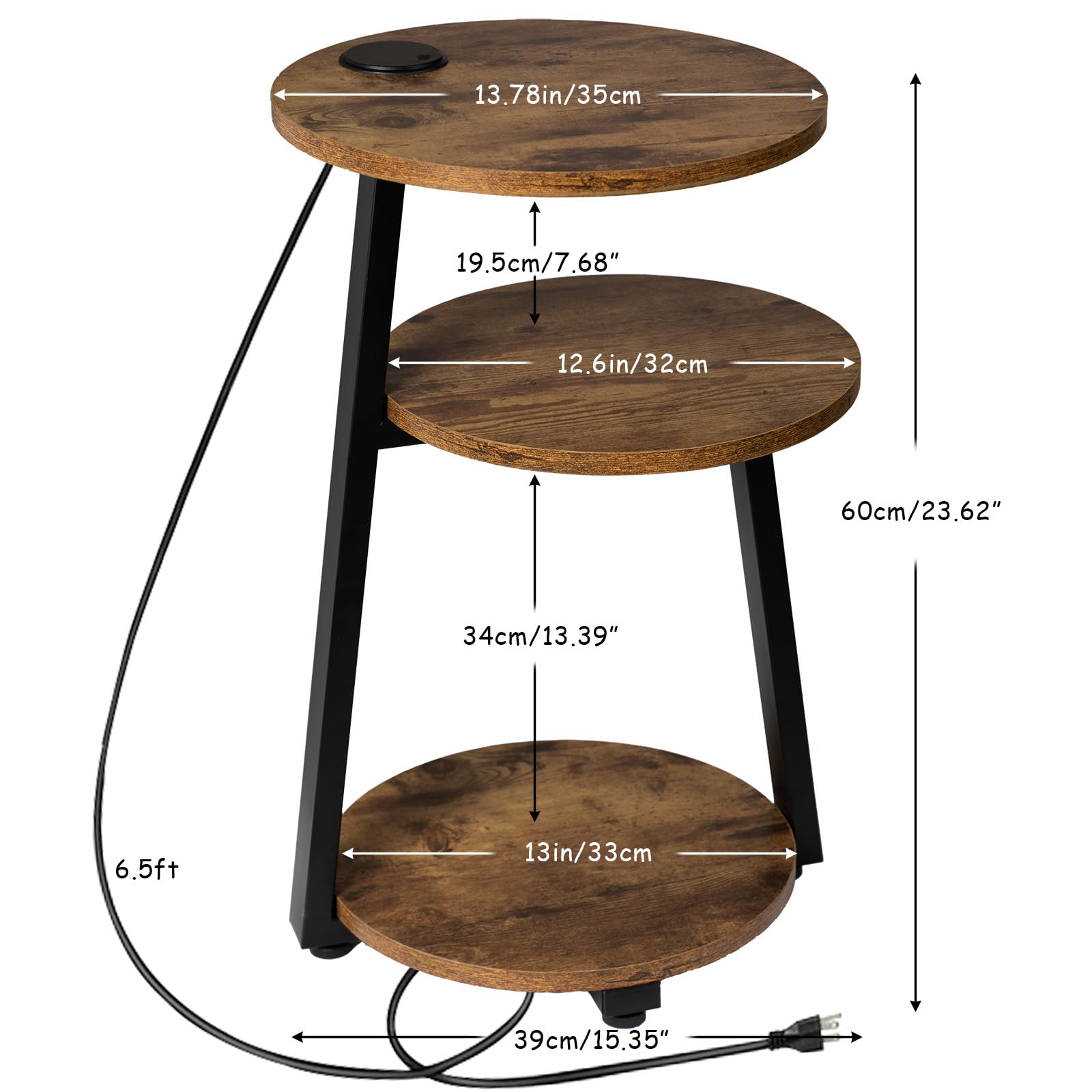 Hadulcet Round End Table with Charging Station and LED Lights, Small Side Table for Small Space, Bedside Table with 3-Tier Storage Shelf, Versatile Accent Table for Living Room, Bedroom, Rustic Brown