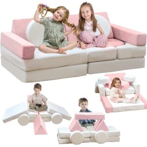 stmoze 13pcs modular kids play couch, kids couch with washable velvet cover, modular couch for boys and girls, convertible foam and floor cushion for nursery playroom, pink & beige