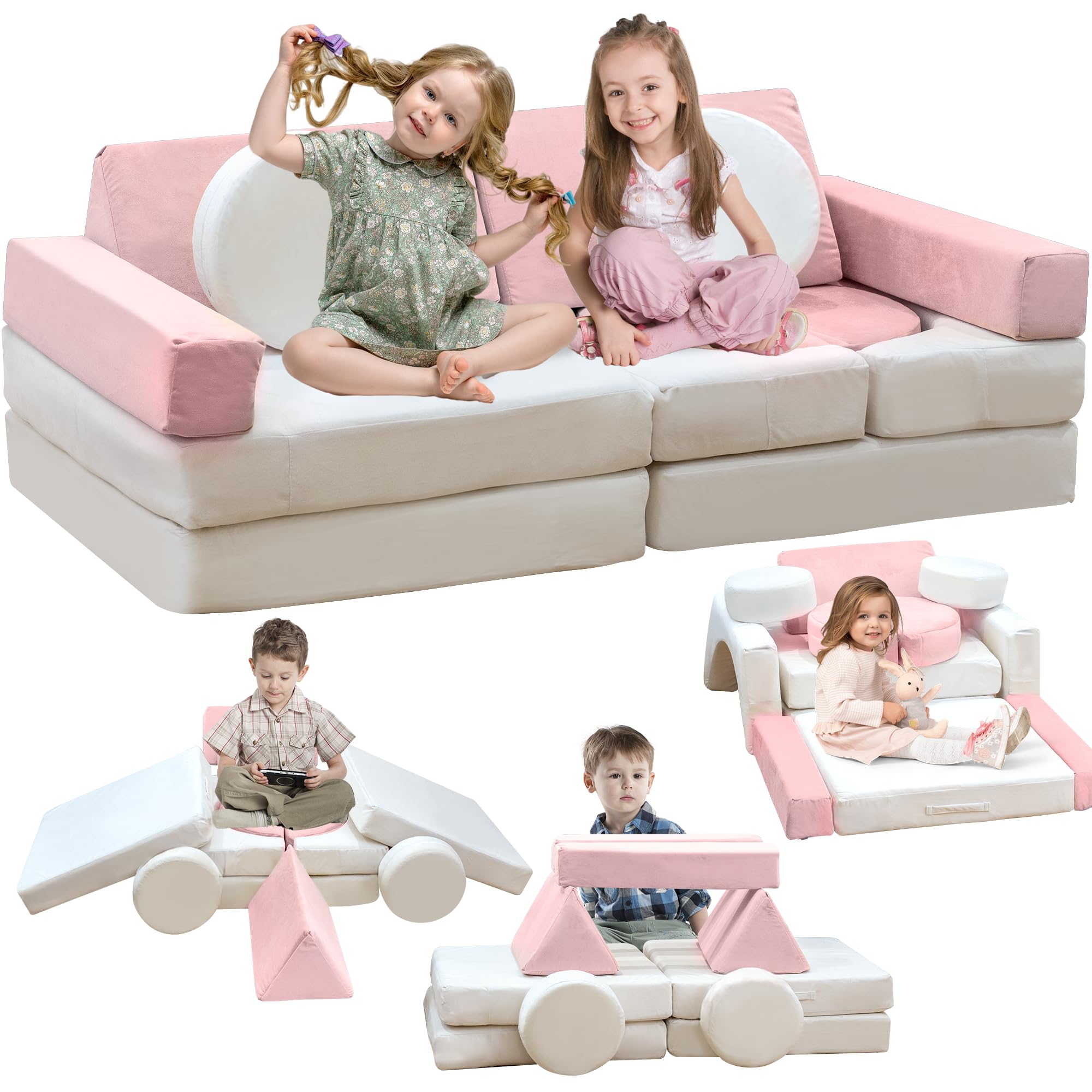 Stmoze 13PCS Modular Kids Play Couch, Kids Couch with Washable Velvet Cover, Modular Couch for Boys and Girls, Convertible Foam and Floor Cushion for Nursery Playroom, Pink & Beige