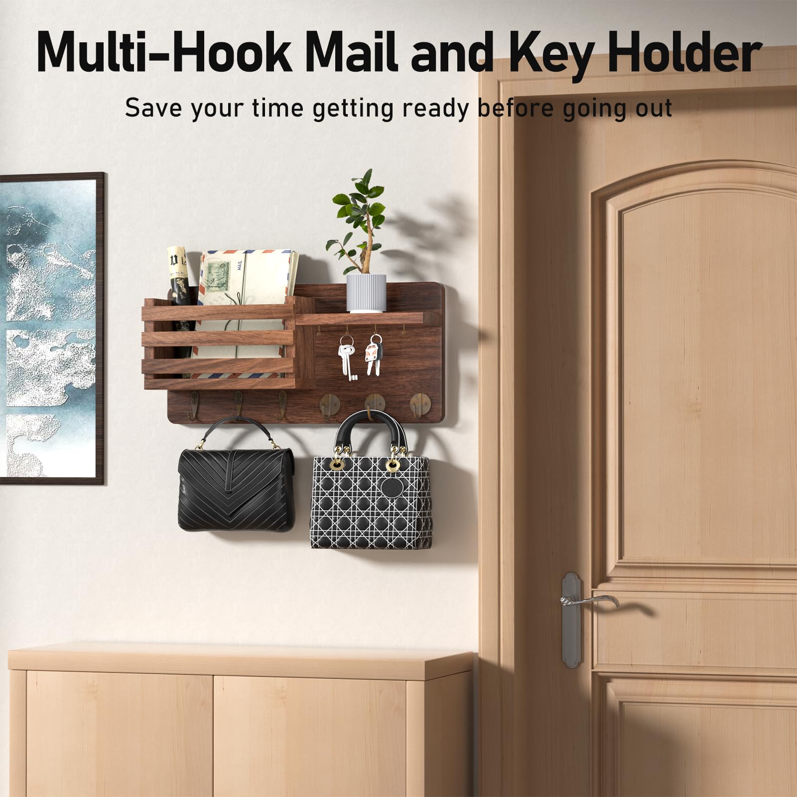 Omndpou Key Holder Wall Mount, Key and Mail Holder for Wall, Mail Holder Organizer with 10 Key Hooks and Floating Shelf, Modern Key Hanger Rack for Entryway or Mudroom