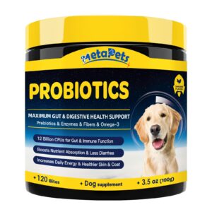 probiotics for dogs - dog probiotics for digestive health, prebiotics, enzymes, fiber, and omega-3 with vitamins to promote intestinal health, support immunity, allergies & itchy skin, 120 bites