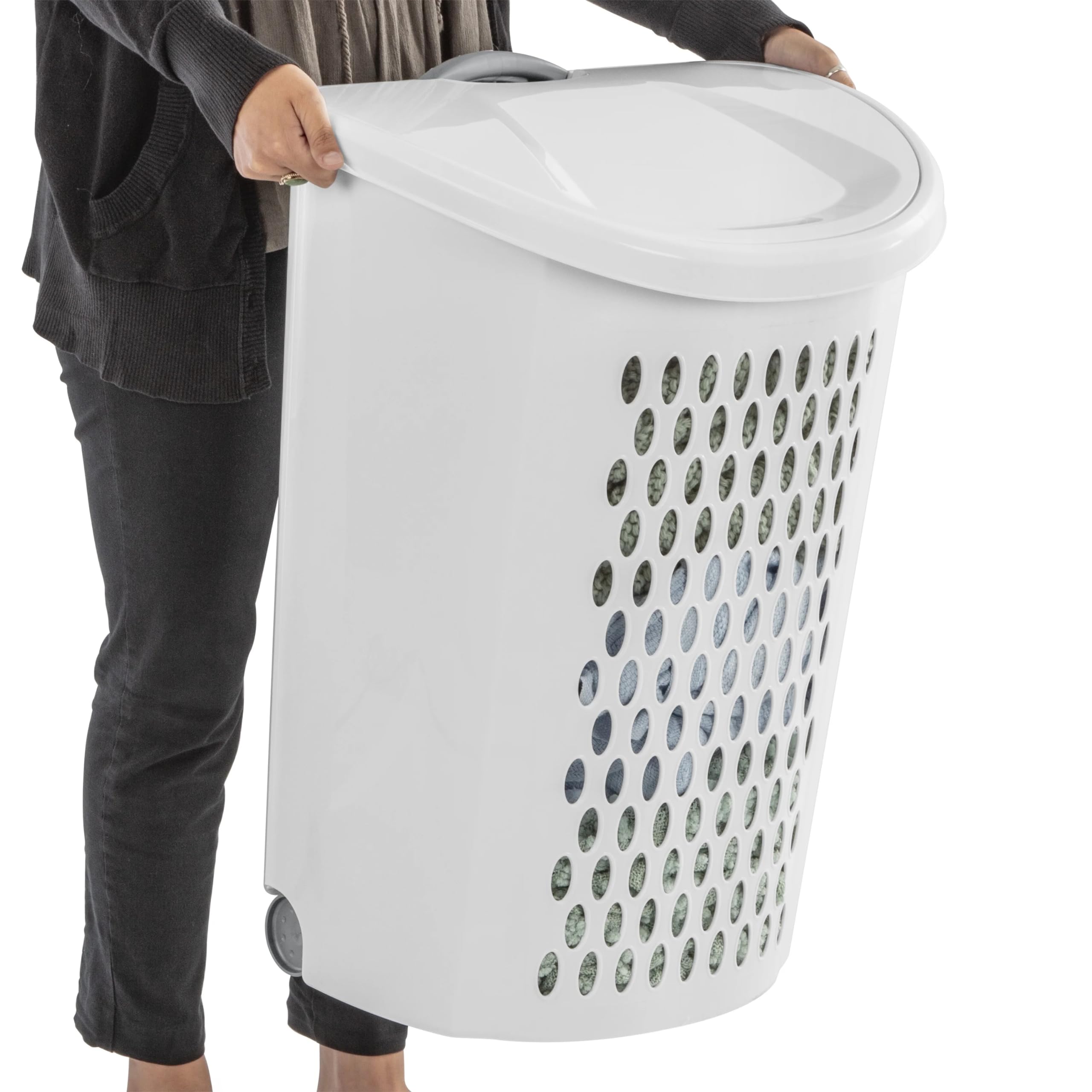 BHCHA Ultra Wheeled Design Clothes Laundry Basket, 135 Liter （20 1/8" x 15 3/8" x 26 3/4"）Capacity, Laundry Hamper White Lid & Base w/Plastic Handle & Wheels,1-Pack