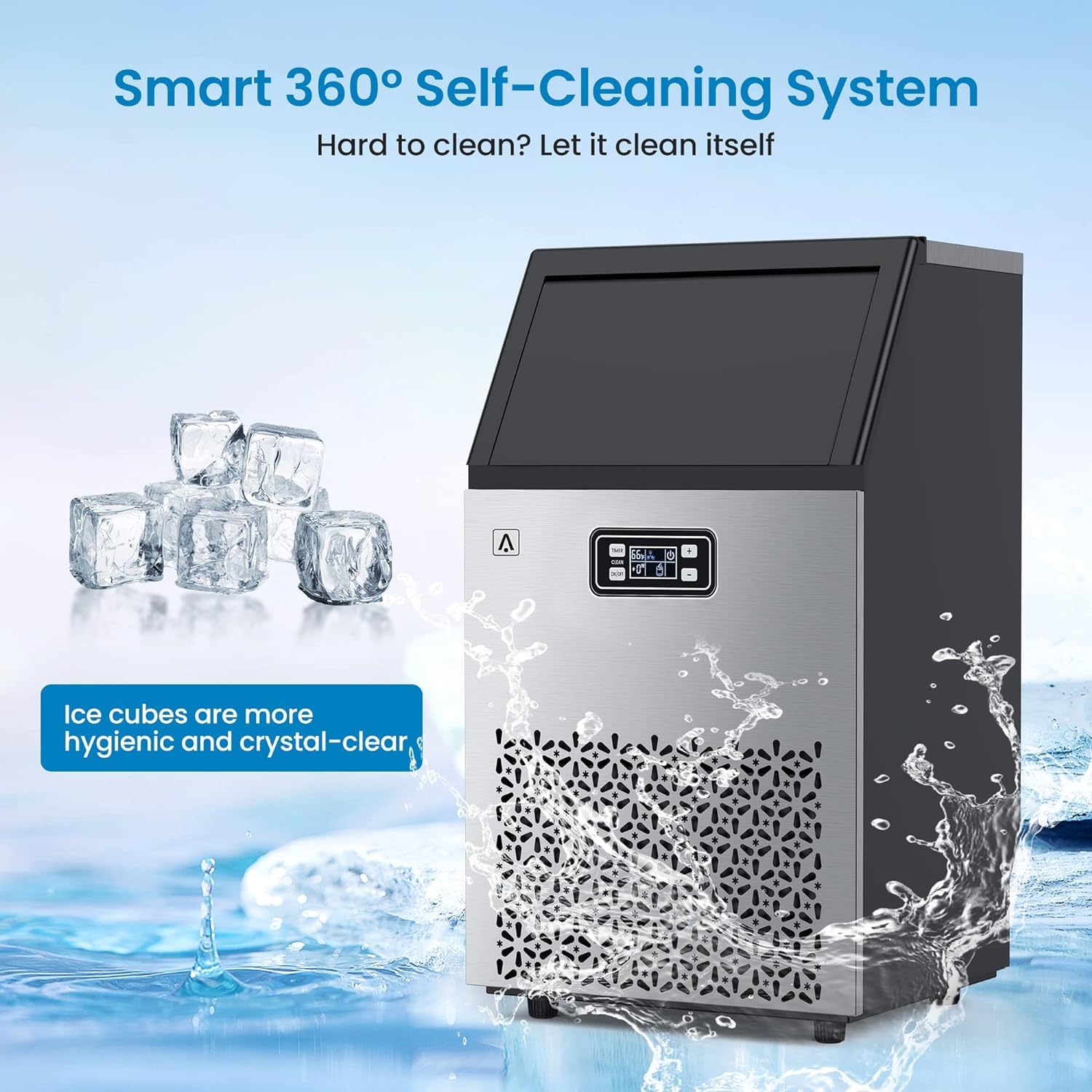 Commercial Ice Maker Machine, 150lbs/24H with 33 Lbs Storage Bin, 66 Pcs Ice Cubes 8Mins, Tap Add Water Freestanding Stainless Steel Ice Machine Self-Cleaning for Home Bar Office