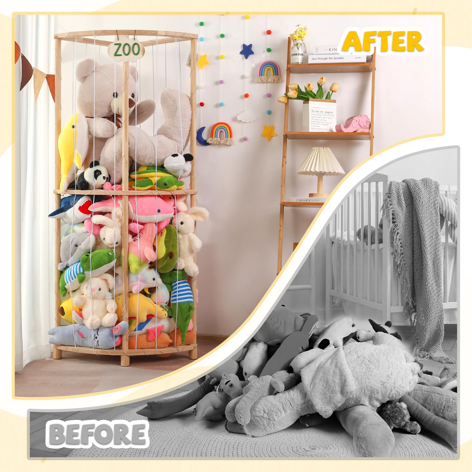 Essenhome Sector Design Extra-Large Wooden Stuffed Animal Zoo Storage, Corner-Friendly,Crafted from Premium Pine with 10m Light String, Ideal for Playroom/Nursery Corners,Perfect Kids' Birthday Gift!