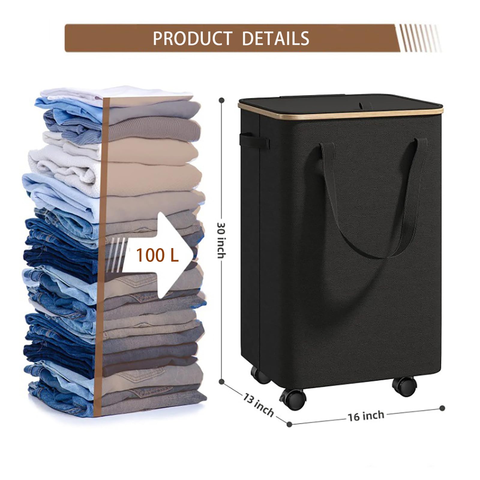 Large Laundry Basket with Wheels,100L Tall Laundry Hamper with Lid and Removable Liner Bag,Collapsible Dirty Clothes Hamper for Bathroom,Bedroom,Dorm & Laundry Room,Black