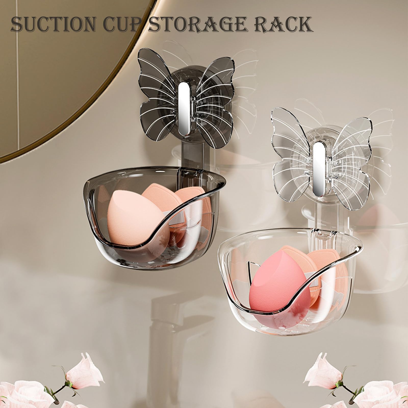 ZIOYCKL Suction Cup Storage Rack, Waterproof Suction Shower Organizer for Dresser, Shower Suction Cup Set Waterproof Suction Storage Basket for Bathroom,Butterfly Organizer Storage Basket (Clear)