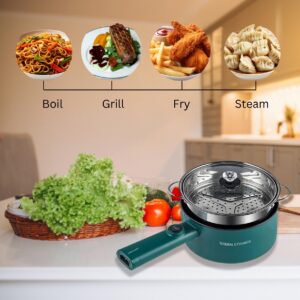 Green Hot Pot Electric with Steamer, Multi-function Cooker, 1.8L Noodle cooker Non-Stick Frying Pan, Electric Pot for Pasta with Adjustable Temprature Control, Over-Heating & Boil Dry Protection