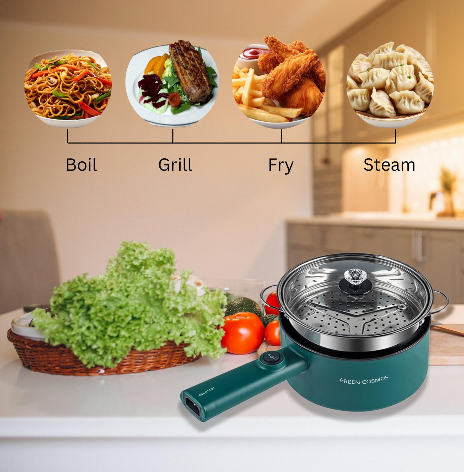 Green Hot Pot Electric with Steamer, Multi-function Cooker, 1.8L Noodle cooker Non-Stick Frying Pan, Electric Pot for Pasta with Adjustable Temprature Control, Over-Heating & Boil Dry Protection