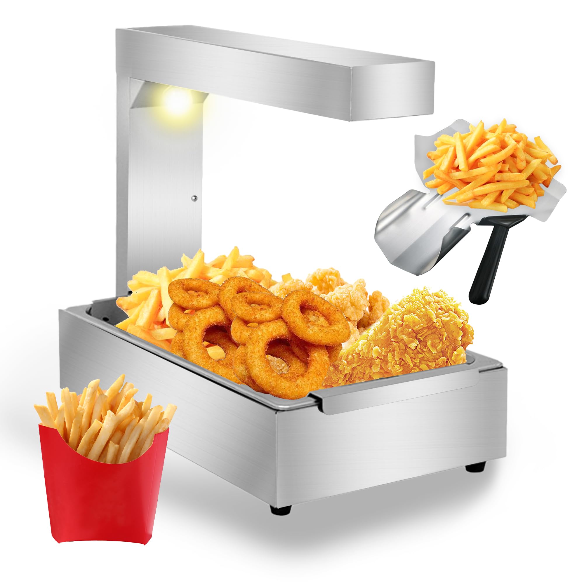 Auveach 15L French Fry Food Warmer, Commercial Food Warmer with Heat Lamp, Stainless Steel Warming Cabinet Station, Fastfood Restaurant Snack Bar Buffet Supplies for Chips Fried Chicken Roast Meat