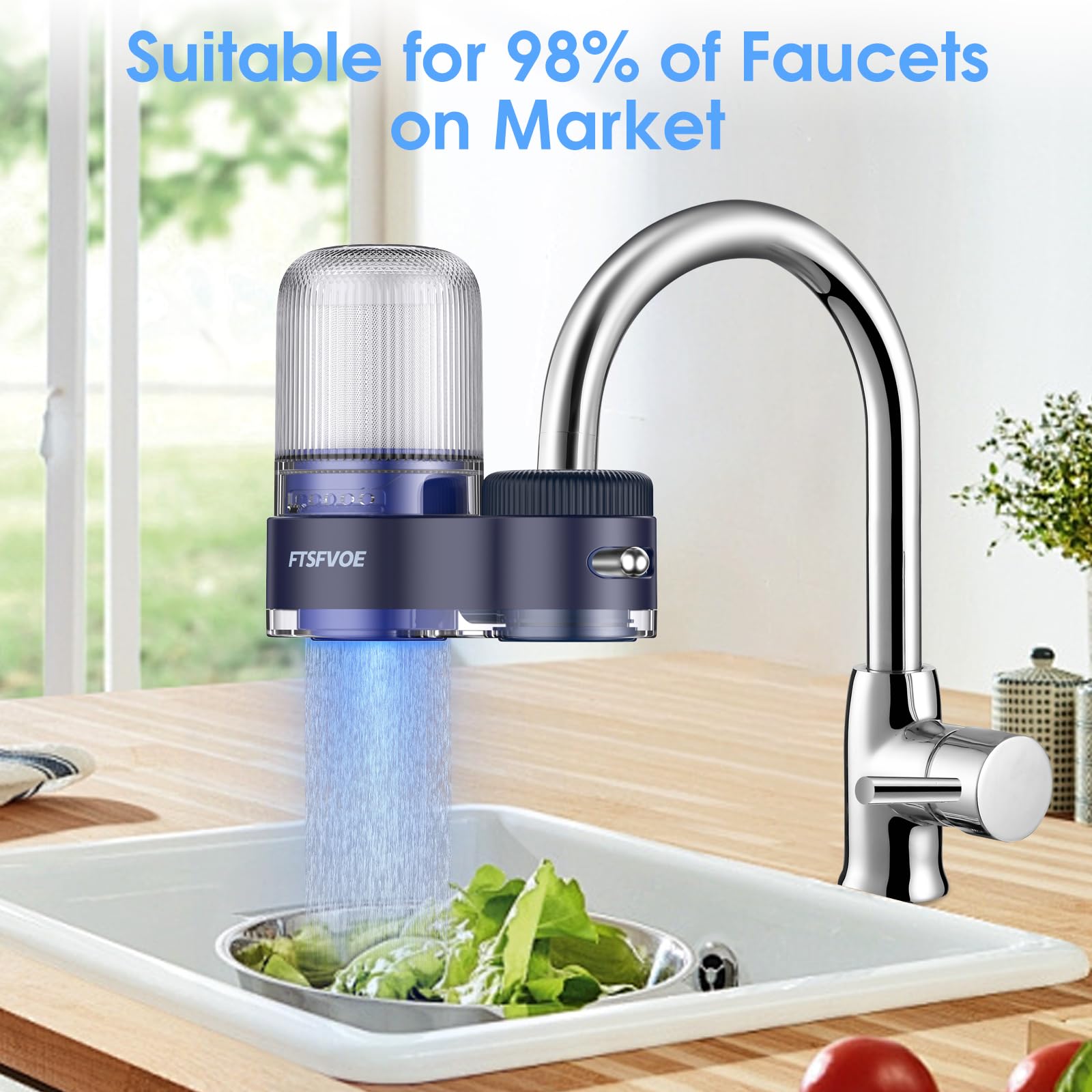 Faucet Mount Water Filter, Kitchen Filter Water Faucet, Activated Carbon Water Faucet Filter Reduces Chlorine, Limescale, Heavy Metals & Bad Taste with 2 Replacement Filter