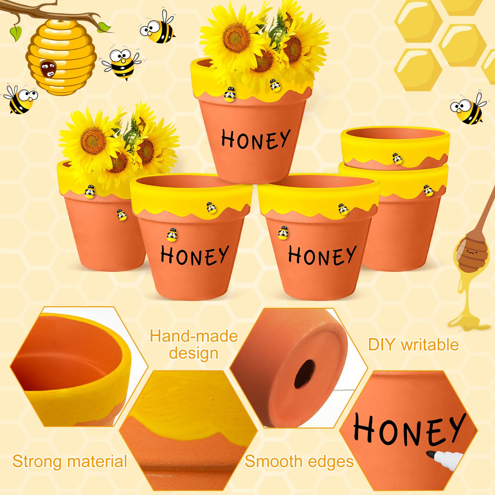 Lineshading 3 Pack 4 Inch Honey Bee Pots Bee Themed Honey Jars Red Clay Pots with Resin Bee Charms for Cute Honey Party Favor Baby Shower Birthday Decoration