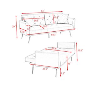 68.3" Grey Velvet Couch, Tufted Loveseat Sofa, Convertible Futon Sofa Bed, Accent Sofa Recliner, Golden Metal Legs, 2 Couch Pillows, Mid Century Modern Sofas for Home Living Room Bedroom