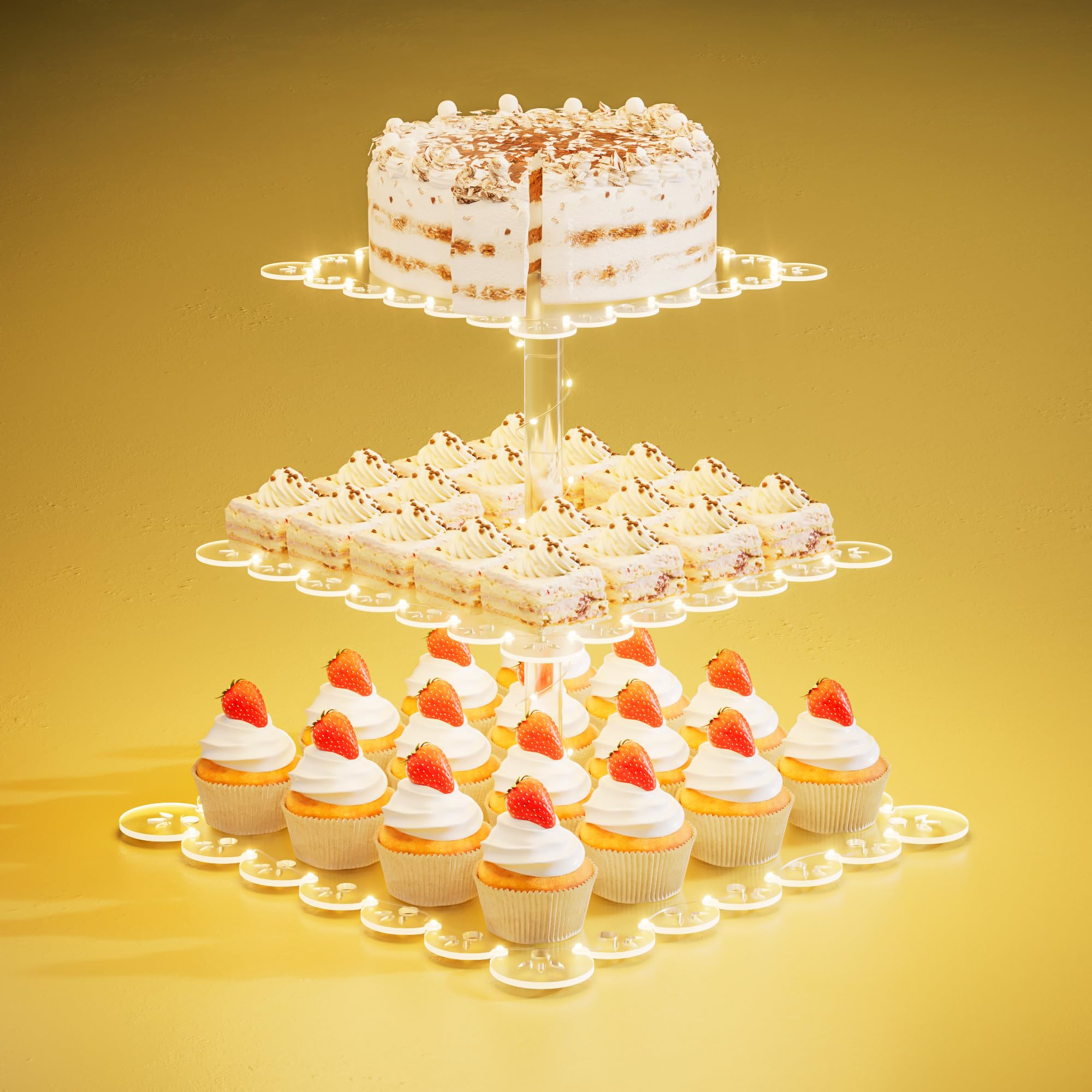 PinCute Acrylic Cupcake Stand, 3 Tier Cupcake Tower Holder with LED String Light, Dessert Table Display Cake Stand for Birthday Candy Bar Weddings Party Décor, Yellow Light