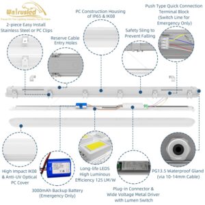 4FT LED Vapor Tight Emergency Light, Battery Backup IP65 IK08 20W/40W 125LM/W LED Vapor Proof Fixture, 5000K, 100-277V, 0-10V Dimmable 4 Foot Waterproof LED Outdoor Shop Light Fixture for Carport, FCC