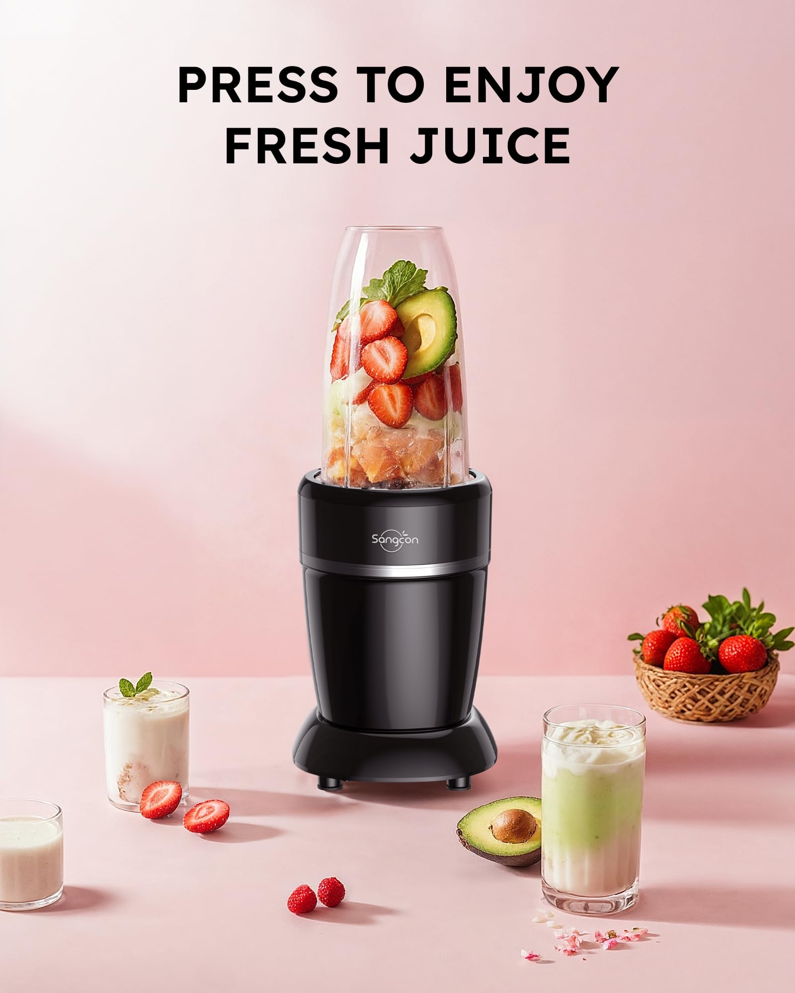 Sangcon 1000W Blender for Smoothies, Blender for Kitchen Smoothie Blender with (3) Cups (2) Spout-Lids (1) Storage-Lid (1) To-Go-Lid, Portable Personal Blender for Shakes Ice Crush Frozen Drink Spices